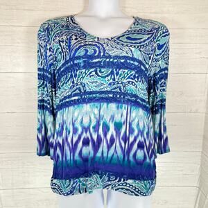 Chicos size 3 blue purple knit blouse beachy watercolor coastal paisley women